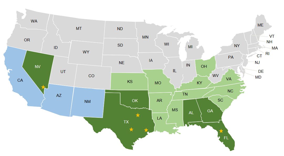 Map showing US states with varying shades of green and blue.